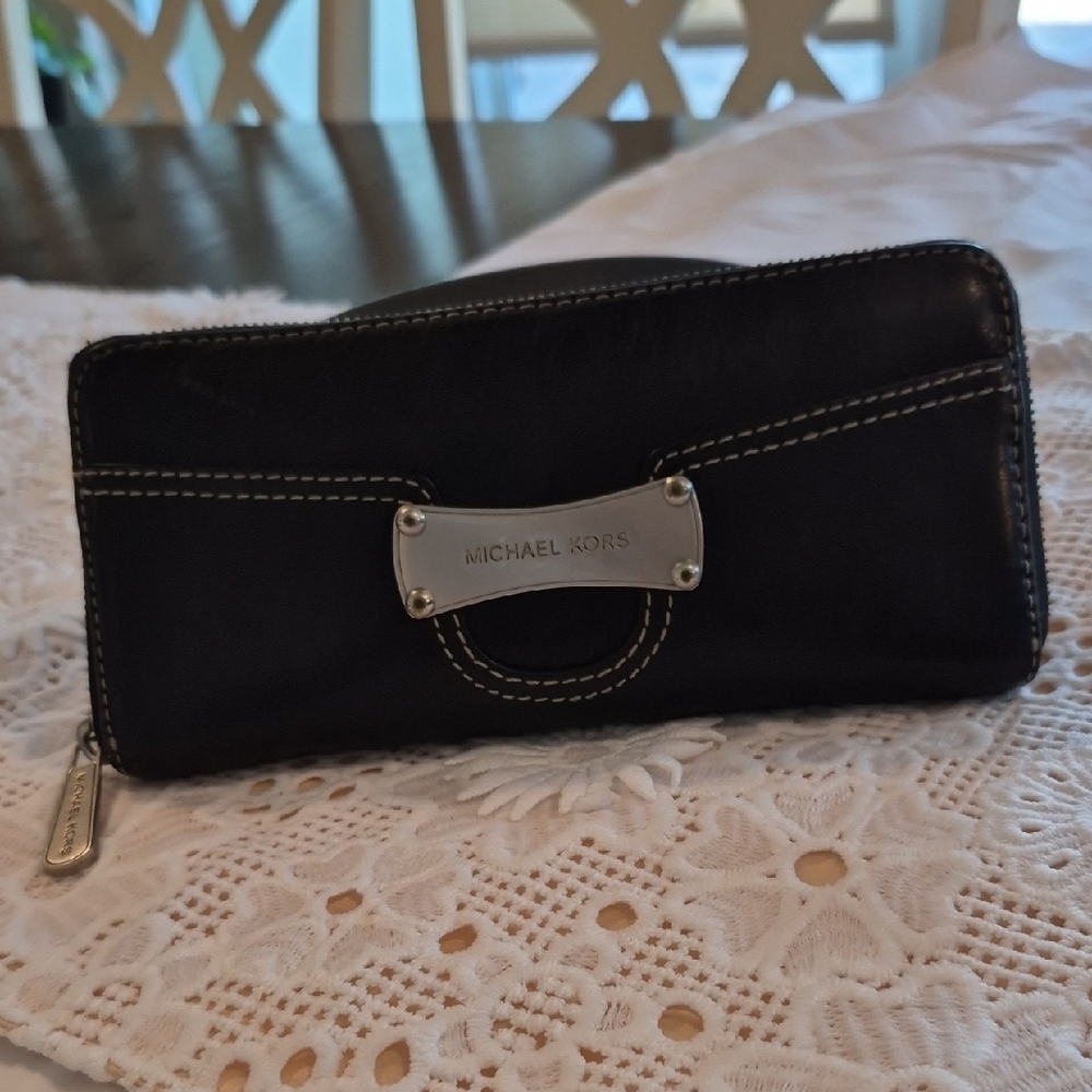 Michael Kors Black Leather Wallet with Silver Details